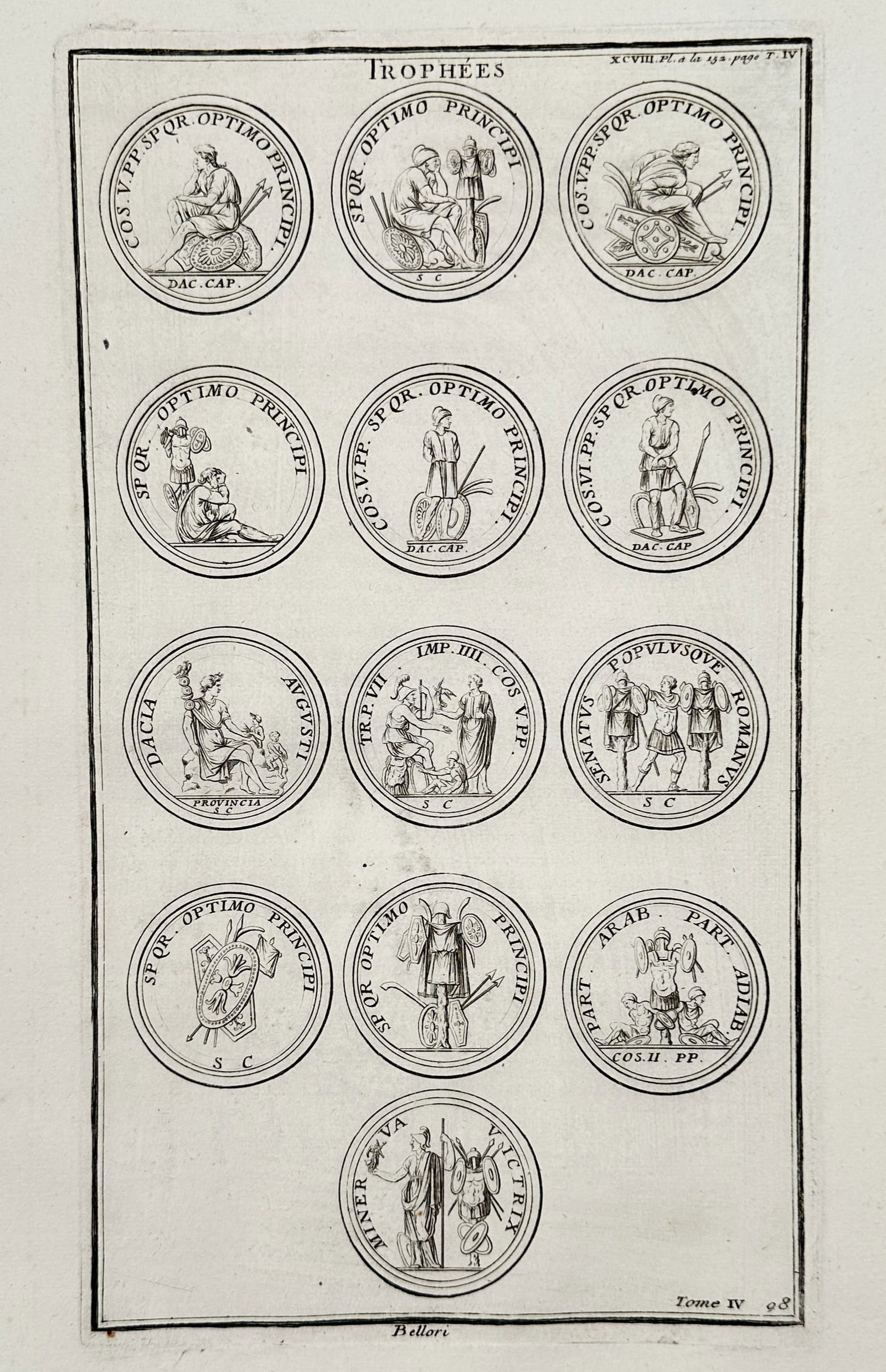 Bernard de Montfaucon (1655-1741) – Illustration of Roman Trophies and Numismatic Iconography: Trophées depicts a collection of circular medallions and coins featuring Roman military trophies and imperial iconography, referencing historical excavations from Trajan's Column. This engraving appe