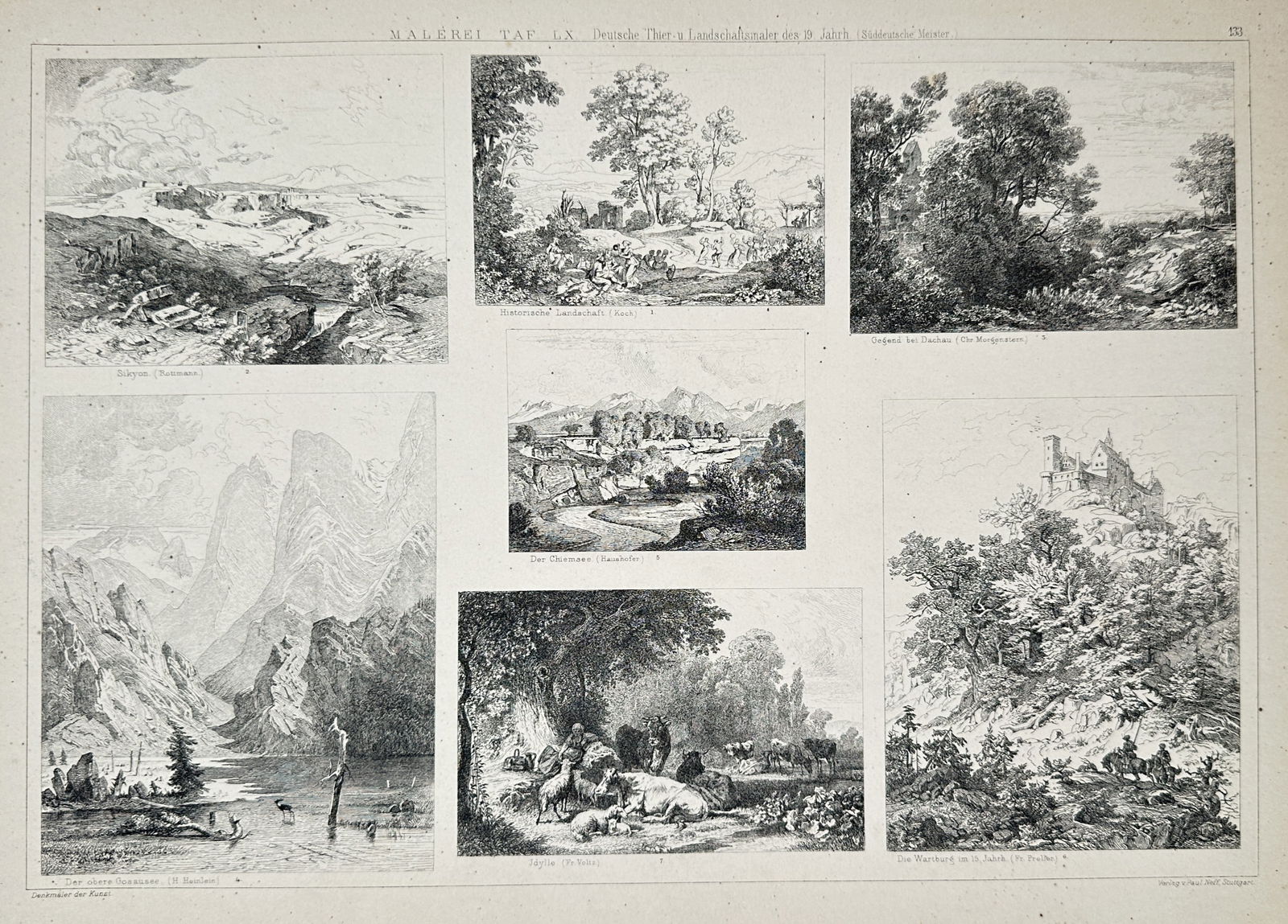 Paul Neff (Publisher) – Collection of 19th-Century German Landscapes – Engraving (19th Century): "Malerei Taf. LX. Deutsche Tier-u. Landschaftsmaler des 19. Jahrh." features a compilation of seven distinct landscapes by various German artists, illustrating diverse regional sceneries ranging from