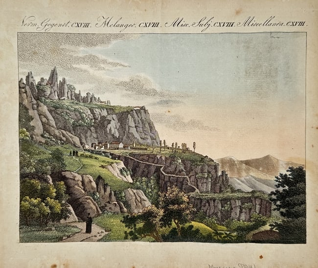 Friedrich Justin Bertuch (1747–1822) – View of Montserrat – Engraving (Hand-coloured): "Montserrat" presents a landscape view of the famous serrated mountain range and monastery near Barcelona, Spain. The work depicts the characteristic jagged rock formations and the architectural compl