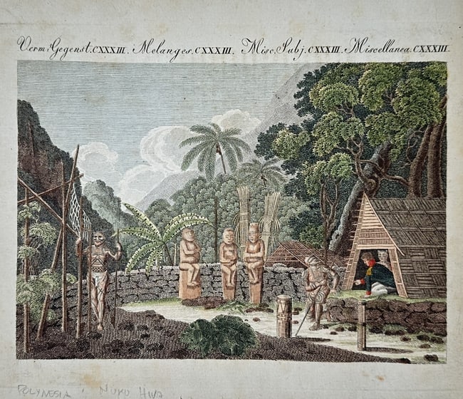 Friedrich Justin Bertuch (1747–1822) – View of Nuku Hiva – Engraving (Hand-coloured): "Polynesia Nuku Hiva" depicts an indigenous village on the island of Nuku Hiva in the Marquesas Islands. The composition features traditional thatched dwellings and several large carved stone tiki fig