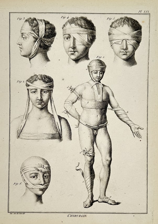 Robert Bénard (1734–1777) – Technical Study of Medical Bandages – Engraving (18th): "Chirurgie" illustrates various methods for applying medical bandages to the human head and torso. The plate features six individual studies, including five portrait views of patients with specialized