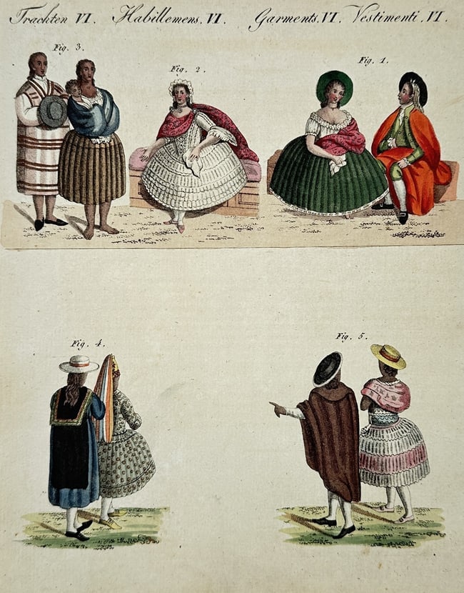 Friedrich Justin Bertuch (1747–1822) – Costume Study of South American Figures: "Trachten VI" illustrates five figures showcasing various regional costumes from South America during the late eighteenth century. The upper section features a man in a striped tunic alongside a woman