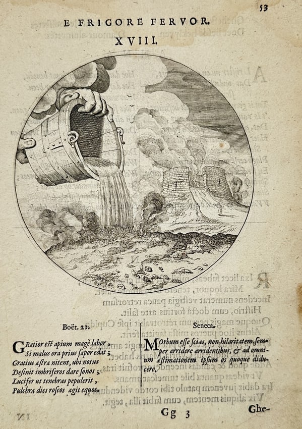 Jacob Cats (1577-1660) – Water on Lime – Engraving (1618): "E Frigore Fervor." This circular engraving depicts a large bucket pouring water onto a pile of lime, which reacts by producing clouds of heat and steam. In the background, kilns and a landscape are v