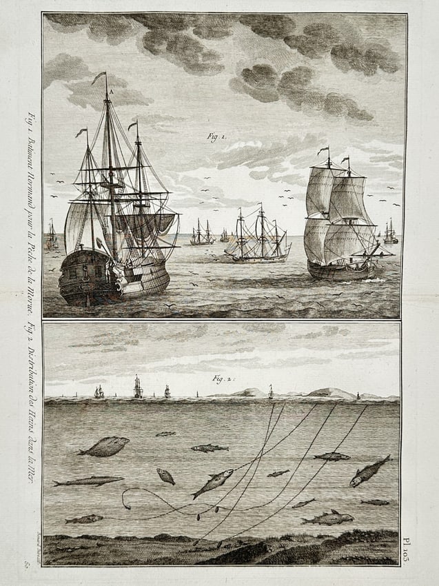 Robert Bénard (1734–1777) – View of Cod Fishing Vessels and Techniques – Engraving: "Fig. 1. Batiment Normand pour la Pêche de la Morue. Fig 2. Distribution des Hains dans la Mer." This engraving features two distinct technical illustrations related to the eighteenth-century cod fis