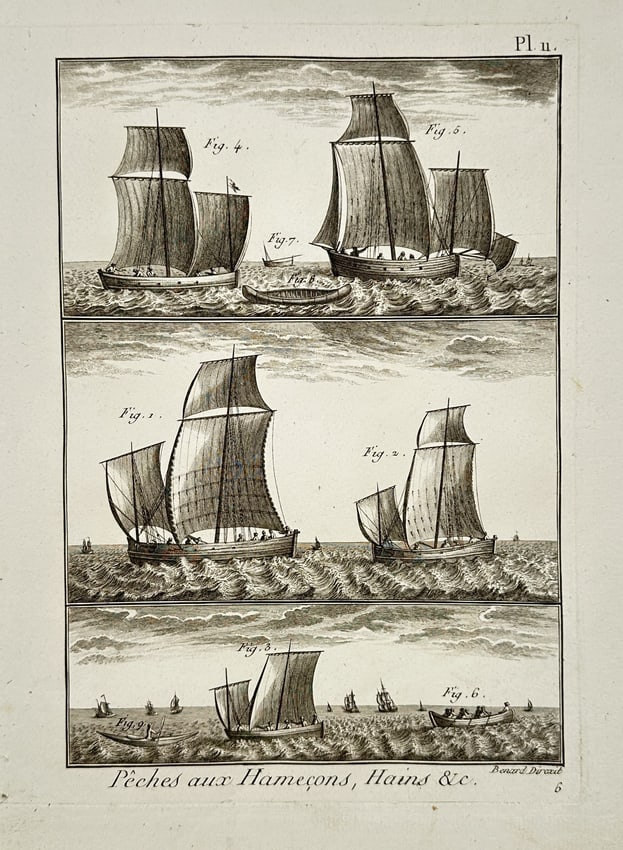 Robert Bénard (1734–1777) – View of Maritime Fishing Vessels – Engraving (1778): "Pêches aux Hameçons, Hains &c." This engraving, labeled as Plate 11, presents three horizontal panels illustrating various types of sailing vessels used for hook and line fishing in the eighteenth