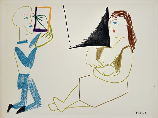 Pablo Picasso (1881–1973), after – Painter and Seated Model – Offset print (20th): "21.1.54. V." This offset print depicts a simplified, linear scene of an artist at work. On the left, a kneeling male painter is shown holding a small rectangular canvas or mirror while applying paint