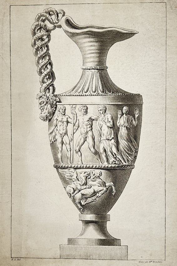 M. Brinclaire (Active 18th Century) – Classical Ewer with Mythological Relief – Engraving: "Vase." This engraving presents a detailed study of a monumental classical ewer or pitcher, characterized by its elaborate ornamental features. The body of the vessel is decorated with a wide frieze d