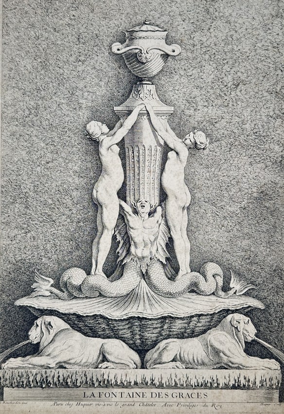 Edme Bouchardon (1698–1762) – View of the Fountain of the Graces – Etching (1738): "La Fontaine des Graces." This etching presents a highly detailed design for a monumental fountain, characterized by its sophisticated blending of mythological and animalier motifs. The central struct