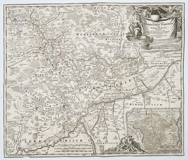 Johann Baptist Homann (1664–1724) – Map of the Territory of Ulm – Germany – Hand: "Nova et accurata Territorii Ulmensis cum Dominio Wainensi Descriptio." This hand-coloured engraving provides a precise geographical survey of the territory of the Free Imperial City of Ulm and the Lo