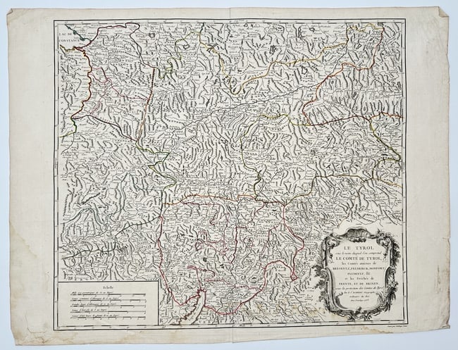 Gilles Robert de Vaugondy (1688–1766) – Map of Tyrol – Austria and Italy – Hand: "Le Tyrol sous le nom duquel sont compris le Comté de Tyrol les Comtés unies de Bregentz, Feldkirck, Montfort, Pludentz &c et les Evechés de Trent, et de Brixen." This hand-coloured engraving prese