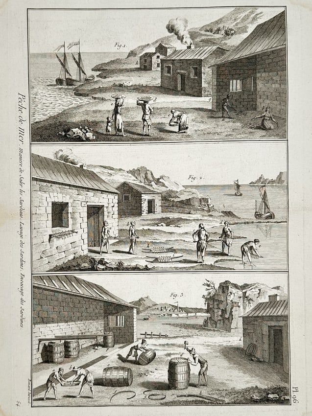 Robert Benard (1734–1777) – Marine Fishing: Processing and Salting Sardines: "Pêche de Mer. Maniere de Saler les Sardines. Lavage des Sardines. Encaquage des Sardines" is a hand-coloured engraving presented in three vertical panels illustrating the industrial processing of fi