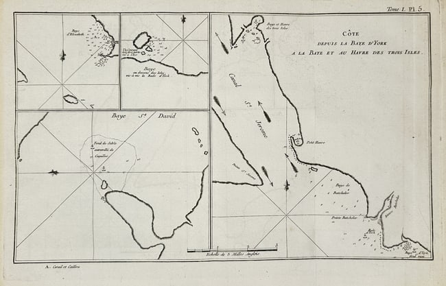 Robert Benard (1734–1777) – View of the Coast from York Bay to Three Islands Harbor: "Côte depuis la Baye d'York a la Baye et au Havre des Trois Isles" is an engraving containing several nautical charts of the Magellan Strait region. The work features a large map of the coast along t
