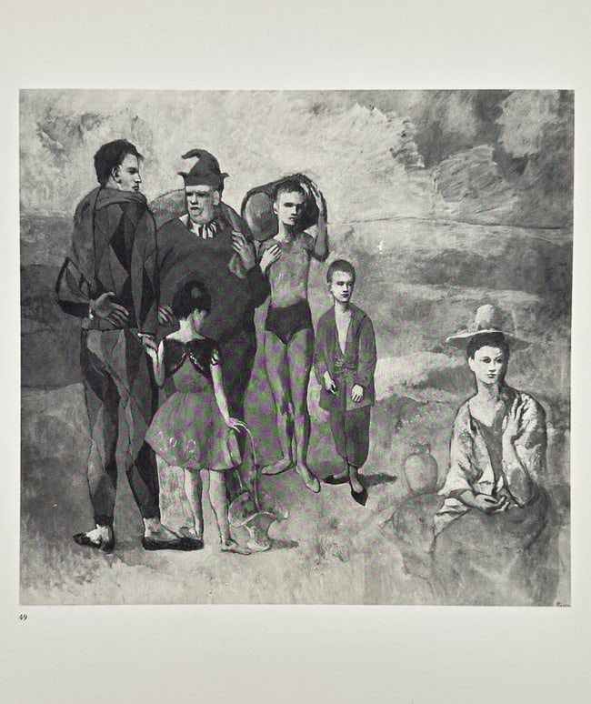 Pablo Picasso (1881–1973) – Family of Saltimbanques – Offset Lithograph (20th Century): Family of Saltimbanques is a 20th-century offset lithograph depicting six circus performers standing in a desolate, desert-like landscape. The composition features a tall Harlequin in a diamond-patter