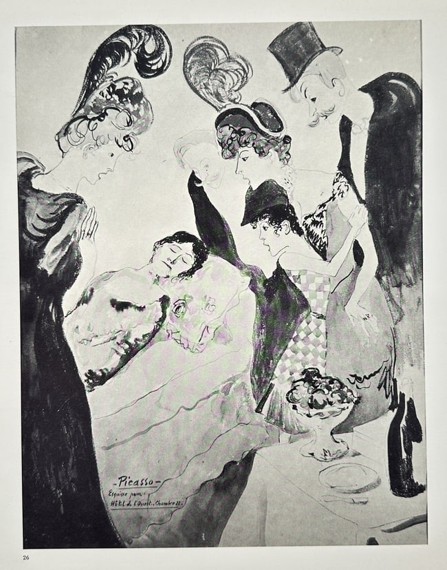 Pablo Picasso (1881–1973), after – The Client – Offset print (20th Century): "Au café (Le client)" is an offset print depicting a crowded cafe scene with several figures in formal attire gathered around a table. The composition features women in elaborate feathered hats and a