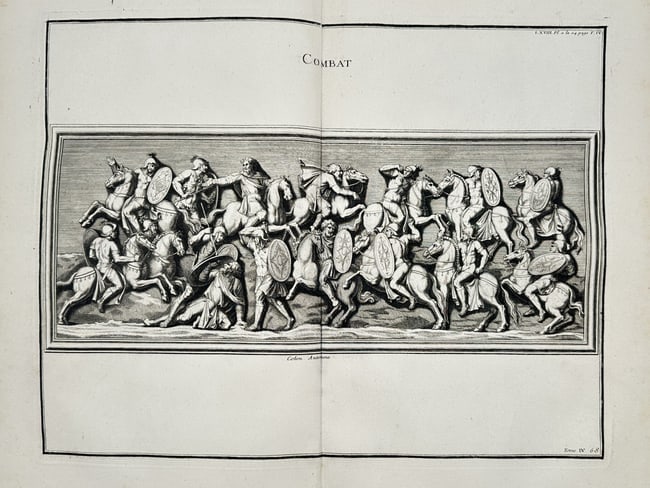 Bernard de Montfaucon (1655–1741) – Relief Illustrating a Cavalry Battle – Engraving: "Combat" is an engraving featuring a dynamic frieze of Roman cavalry and infantry engaged in battle, based on classical reliefs from the Column of Aurelius. The composition depicts a dense line of mou