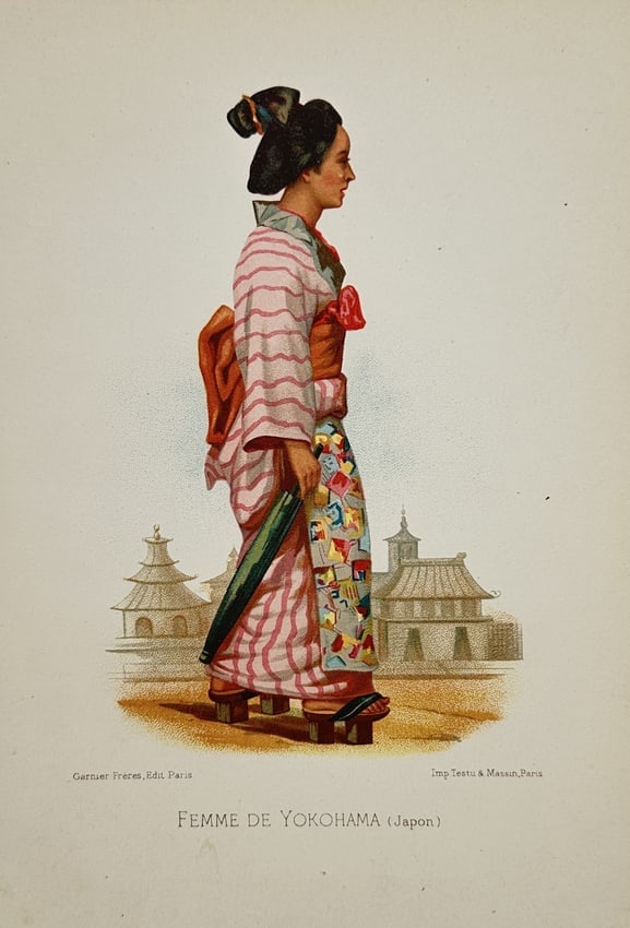 Testu & Massin – Portrait of a Japanese Woman from Yokohama – Chromolithography (1876): "Femme de Yokohama" is a chromolithograph depicting a Japanese woman in profile standing outdoors. The subject is shown in traditional attire, wearing a pink-and-white striped kimono with a patterned 