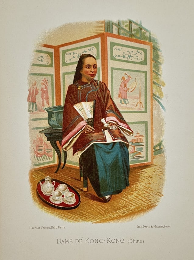 Testu & Massin – Portrait of a Woman from Hong Kong – Chromolithography (1876): "Dame de Kong-Kong" is a chromolithograph depicting a woman from Hong Kong, China, seated in an interior setting. The subject is shown in traditional Chinese dress, wearing a dark red robe with wide s