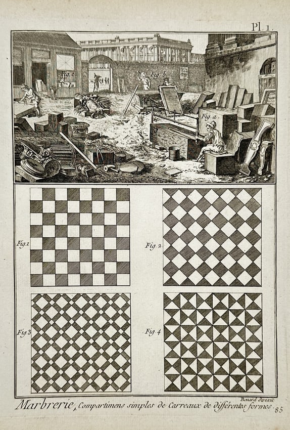 Robert Bénard (1734–1777) – Marble Workshop and Simple Flooring Patterns – Engraving (1 of 2)