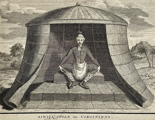 Bernard Picart (1673–1733) – The Idol Kiwasa of the Virginians – Engraving (1723–1743): "KIWASA IDOLE des VIRGINIENS" is an engraving depicting a religious idol of the indigenous peoples of Virginia seated within a circular, thatched temple structure. The figure is shown in a cross-legge