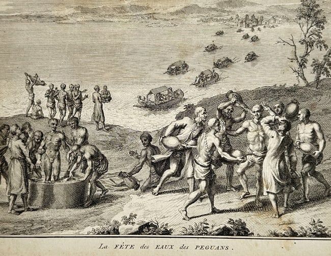 Bernard Picart (1673–1733) – The Water Festival of the Peguans – Engraving (1723–1743): "La FÊTE des EAUX des PEGUANS" is an engraving depicting a lively communal celebration along a riverbank in Pegu, modern-day Myanmar. The composition features a large group of men gathered in the for