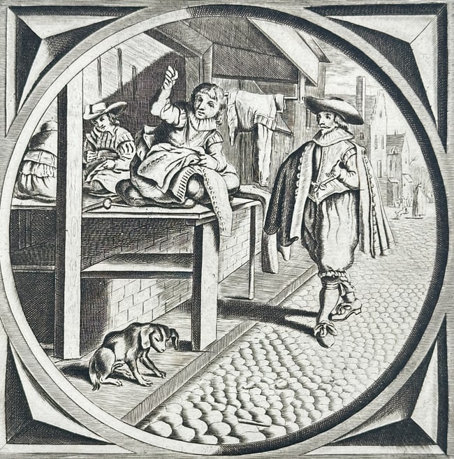 Jacob Cats (1577-1660) – The Tailor at Work – Engraving (1655): "Hastyghydt, en Tijdt te verwagten" This engraving depicts a domestic scene within a tailor's workshop. A central figure is shown seated on a wooden platform, meticulously working on a garment, while