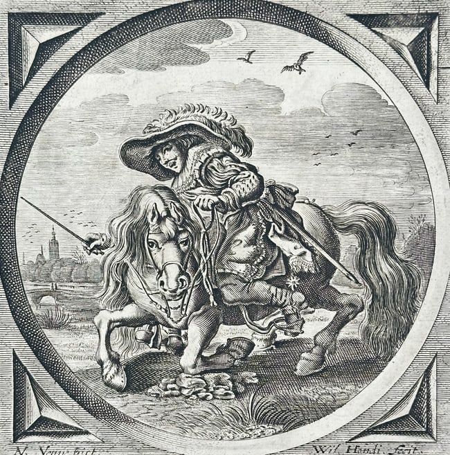 Jacob Cats (1577-1660) – The Falling Rider – Engraving (1655): "Losheyt van Menschelicke Saken" This engraving illustrates a moral allegory centered on a rider struggling to maintain control as his horse stumbles and falls. Set within a circular medallion framed