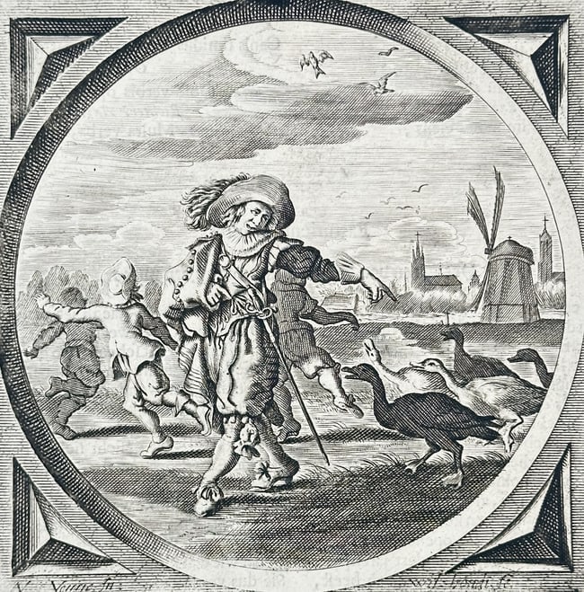 Jacob Cats (1577-1660) – The Vain Boaster and the Geese – Engraving (1655): "Roem-dragers en Wint-gecken" This engraving illustrates a moral allegory featuring a richly dressed man in seventeenth-century attire, including a plumed hat and a walking staff, being followed by a 