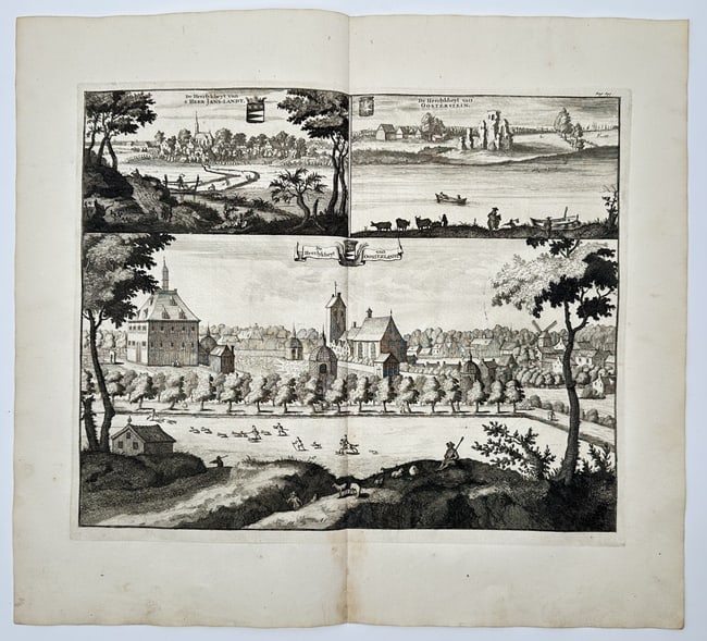 Jan Luyken (1649-1712) – View of Oosterland – Etching (Hand-coloured) (1685): "De Heerlykheyt van Oosterland" This hand-coloured etching features a multi-panelled topographical study of the Oosterland region and its noble estates. The large lower register provides a panoramic v