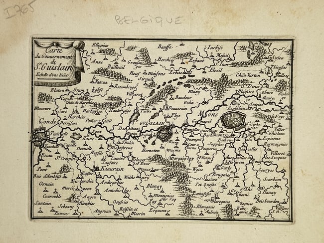 Sébastien de Pontault de Beaulieu (1612-1674) – Map of the Government of Saint-Ghislain: "Gouvernement de St Guillin" This engraving presents a regional map of the territory surrounding the fortified town of Saint-Ghislain, historically referred to as Saint-Guillin, in the Hainaut provinc