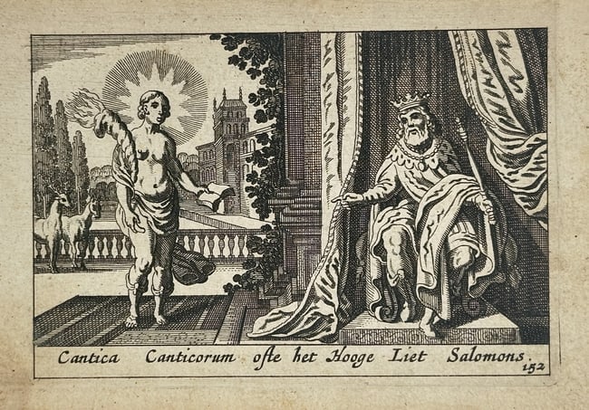 Piter Schulz (1642-1718) – The Song of Solomon – Engraving (1670): "Cantica Canticorum ofte het Hooge Liet Salomons" This engraving depicts a scene inspired by the Song of Solomon, representing the biblical King Solomon seated on his throne at the right. The king is