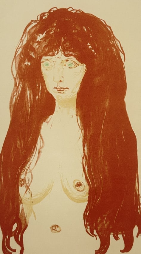 Edvard Munch (1863-1944), after – Sin – Offset print (20th Century): "Sin" This offset print features a nude female figure with striking, long red hair that cascades down to her waist, framing her pale torso. The woman is depicted with large, green eyes gazing forward 