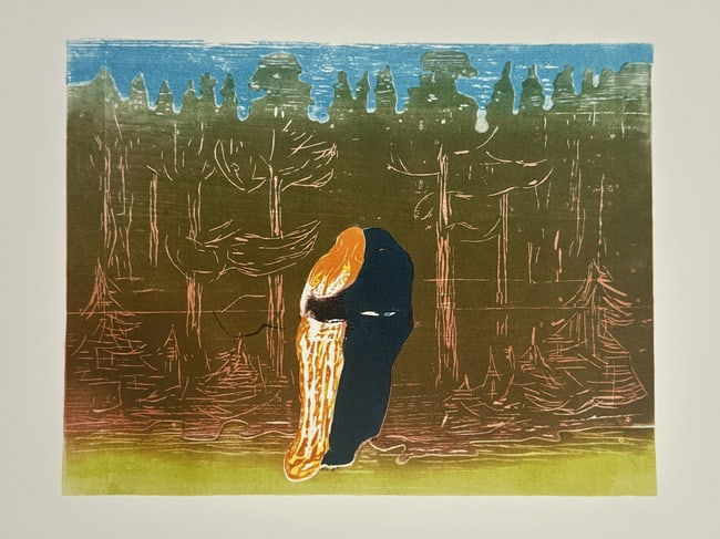 Edvard Munch (1863-1944), after – Towards the Forest II – Offset print (20th Century): "Towards the Forest II" This offset print depicts a man and a woman embracing in a dense, stylized forest setting. The woman is rendered with vibrant orange and yellow tones, her long hair cascading d