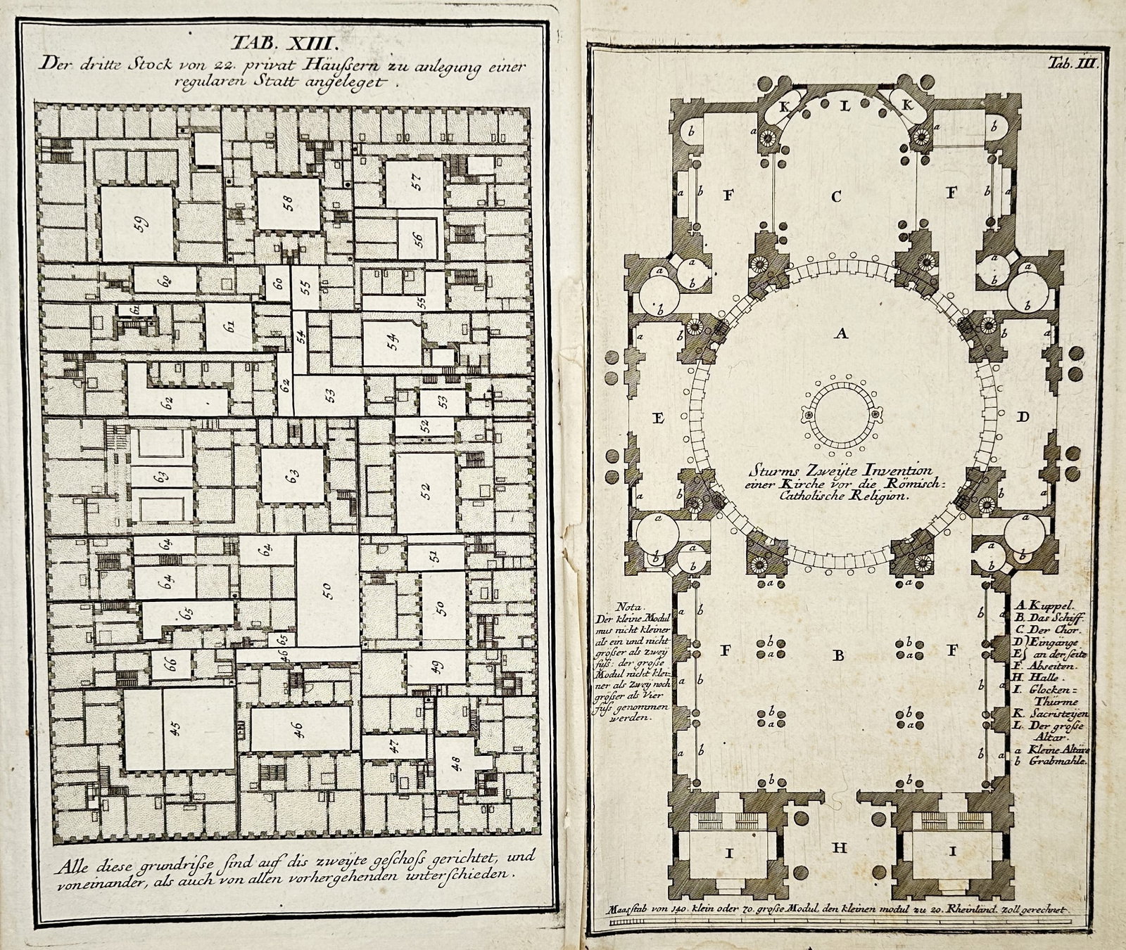 Nikolaus Goldmann – Set of 2: Architectural floor plans for residential and ecclesiastical: "Architectural floor plans for residential and ecclesiastical structures" presents two detailed technical diagrams, including a complex grid-based layout for private housing and a cross-section plan f