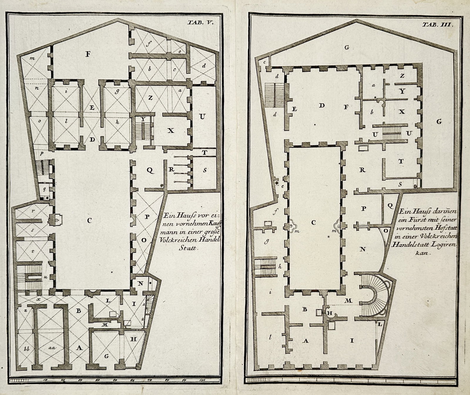 Nikolaus Goldmann – Set of 2: Architectural floor plans for merchant and noble residences: "Architectural floor plans for merchant and noble residences" presents two detailed technical diagrams, including a layout for a house suitable for a prominent merchant in a large trading city and a p