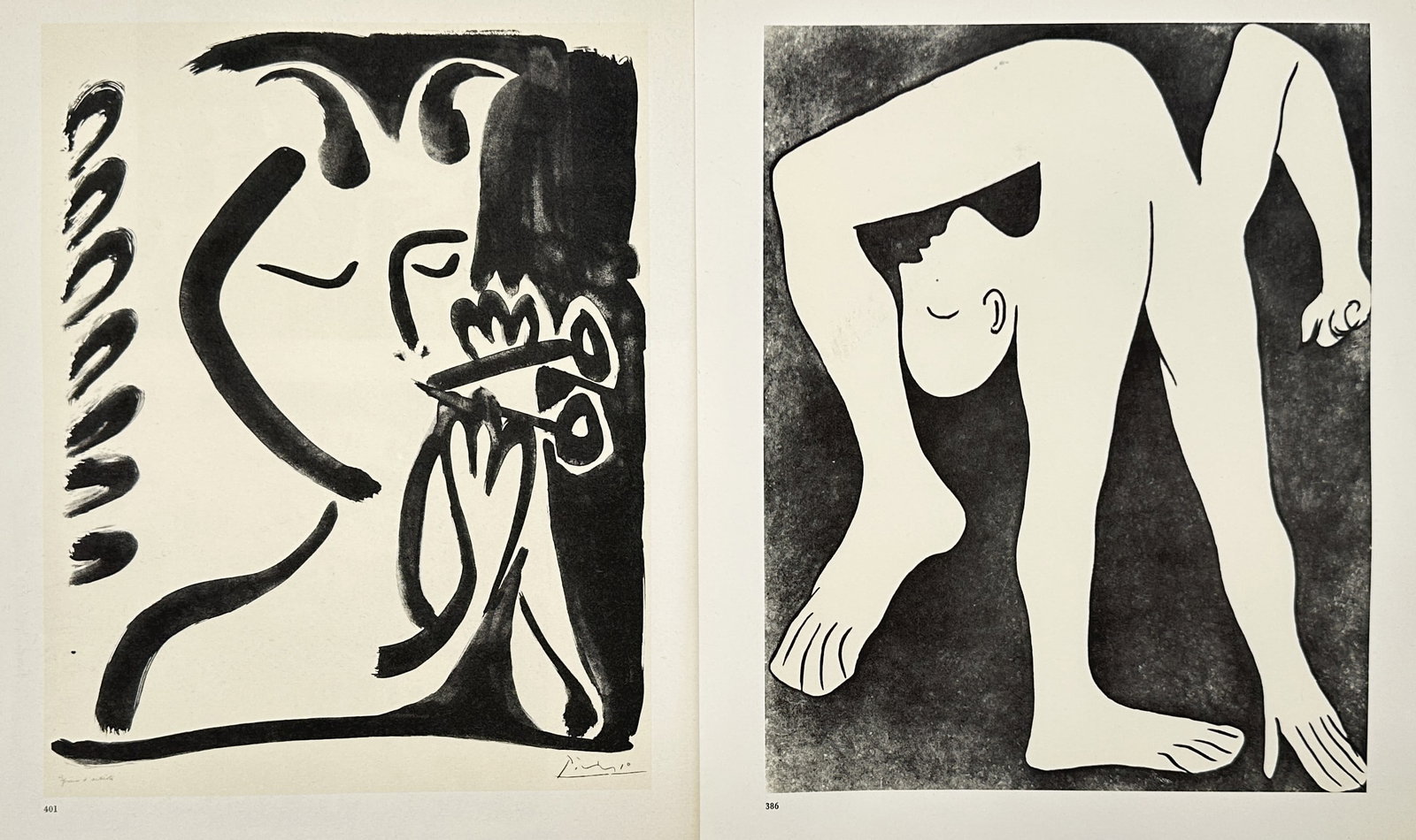 Pablo Picasso (1881–1973), after – Set of 2: Studies of a Faun and a Contorted Figure – Offset: "Studies of a Faun and a Contorted Figure" features two distinct monochrome compositions exploring mythological themes and physical form. The first plate depicts the simplified head of a faun or satyr