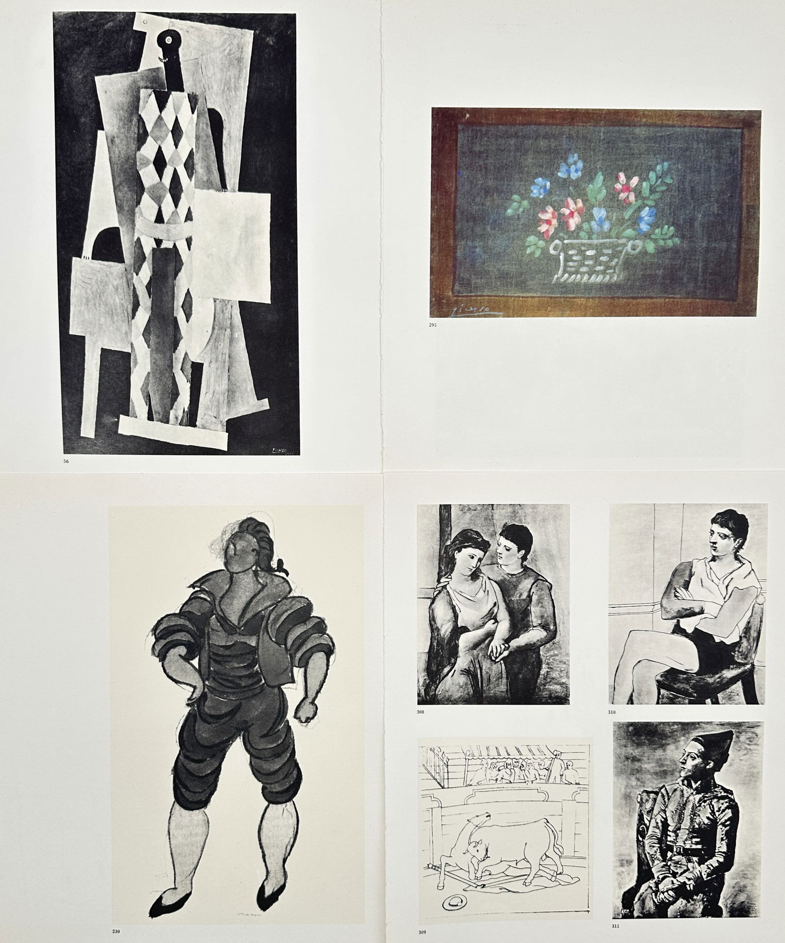 Pablo Picasso (1881–1973), after – Set of 4: Abstract and Figurative Character Studies –: "Abstract and Figurative Character Studies" features four plates illustrating the artist's stylistic progression and recurring theatrical themes. The set includes a synthetic cubist composition of a h