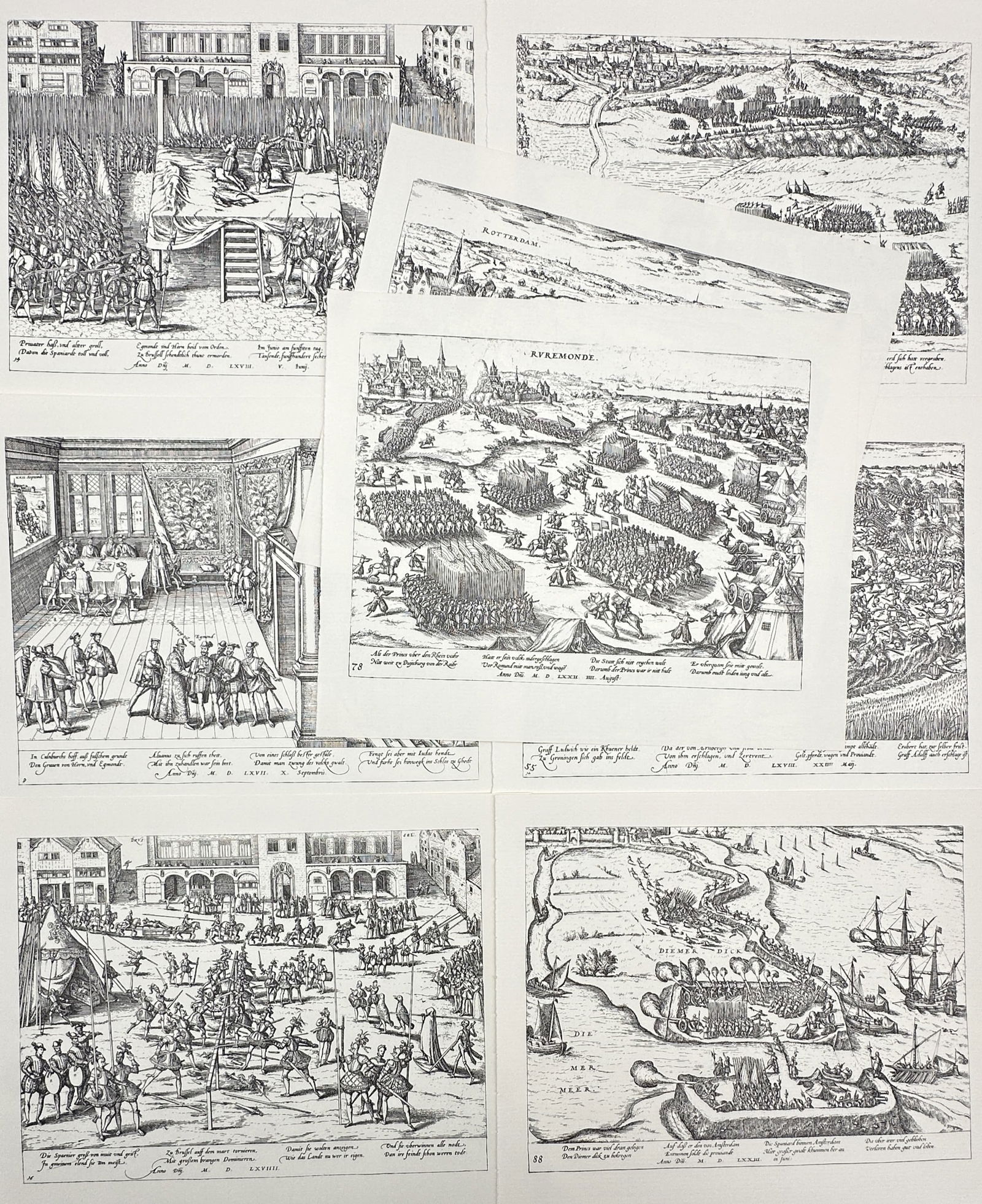 Frans Hogenberg – Set of 8: Historical Scenes of the Dutch Revolt and the French Wars of Religion: "Historical Scenes of the Dutch Revolt and the French Wars of Religion" features eight monochrome plates depicting pivotal military and political events of the late 16th century. The set includes scen