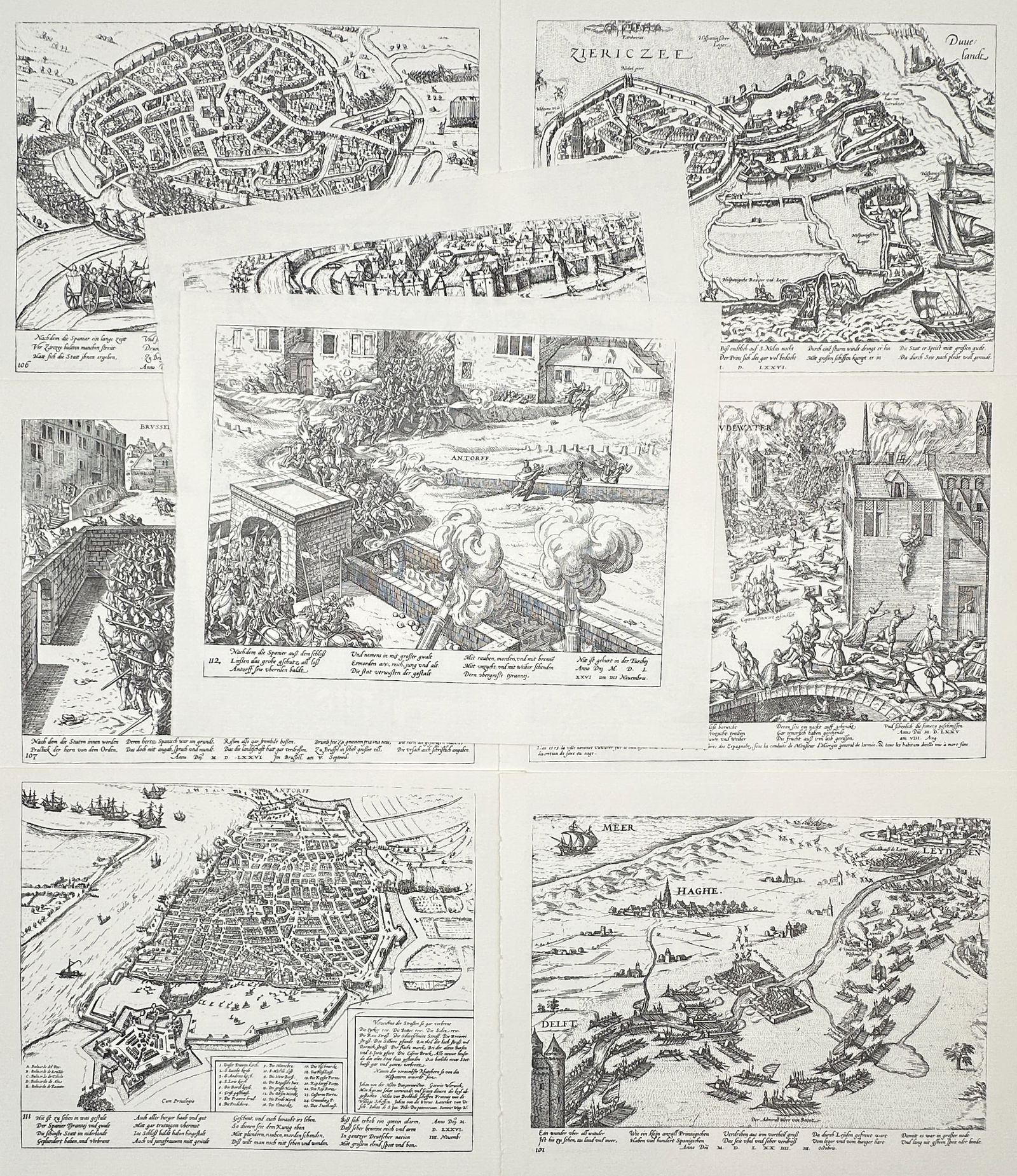 Frans Hogenberg – Set of 8: Cartographic Views and Sieges of the Dutch Revolt – Offset: "Cartographic Views and Sieges of the Dutch Revolt" features eight monochrome plates primarily focused on the urban geography and fortifications of the Low Countries during the 16th century. This set