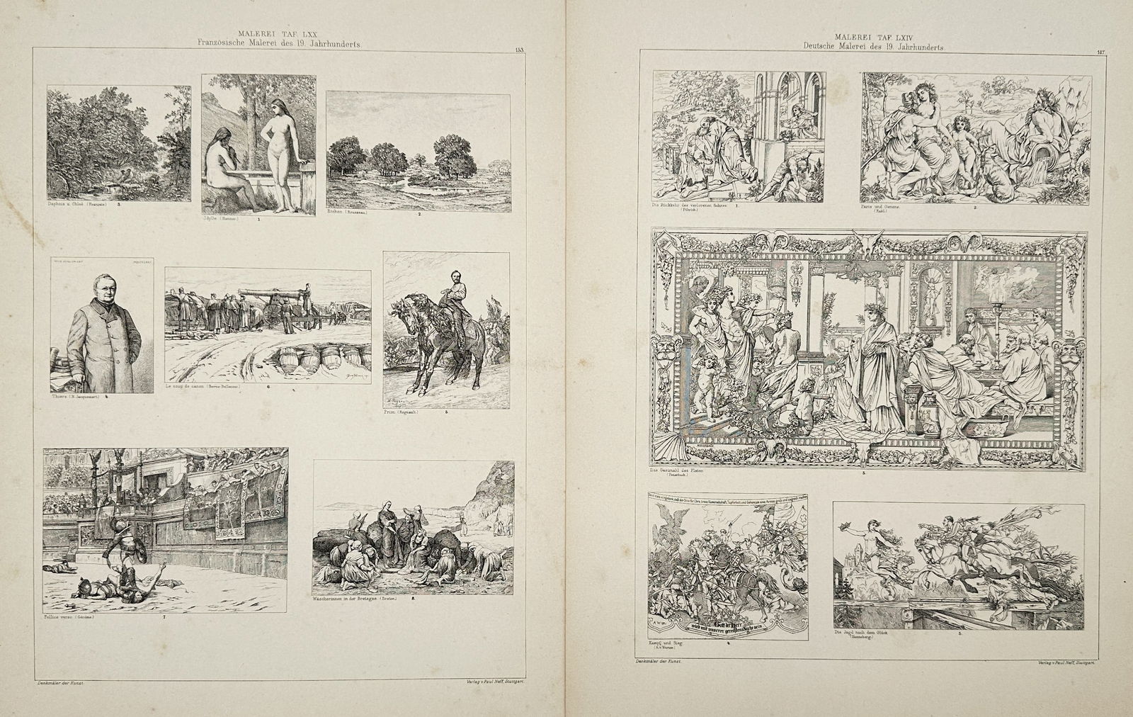 Paul Neff – Set of 2: Studies of 19th-Century French and German Painting – Lithograph: "Studies of 19th-Century French and German Painting" features two large-scale educational plates composed of multiple vignettes illustrating the stylistic differences and key works of the French and G