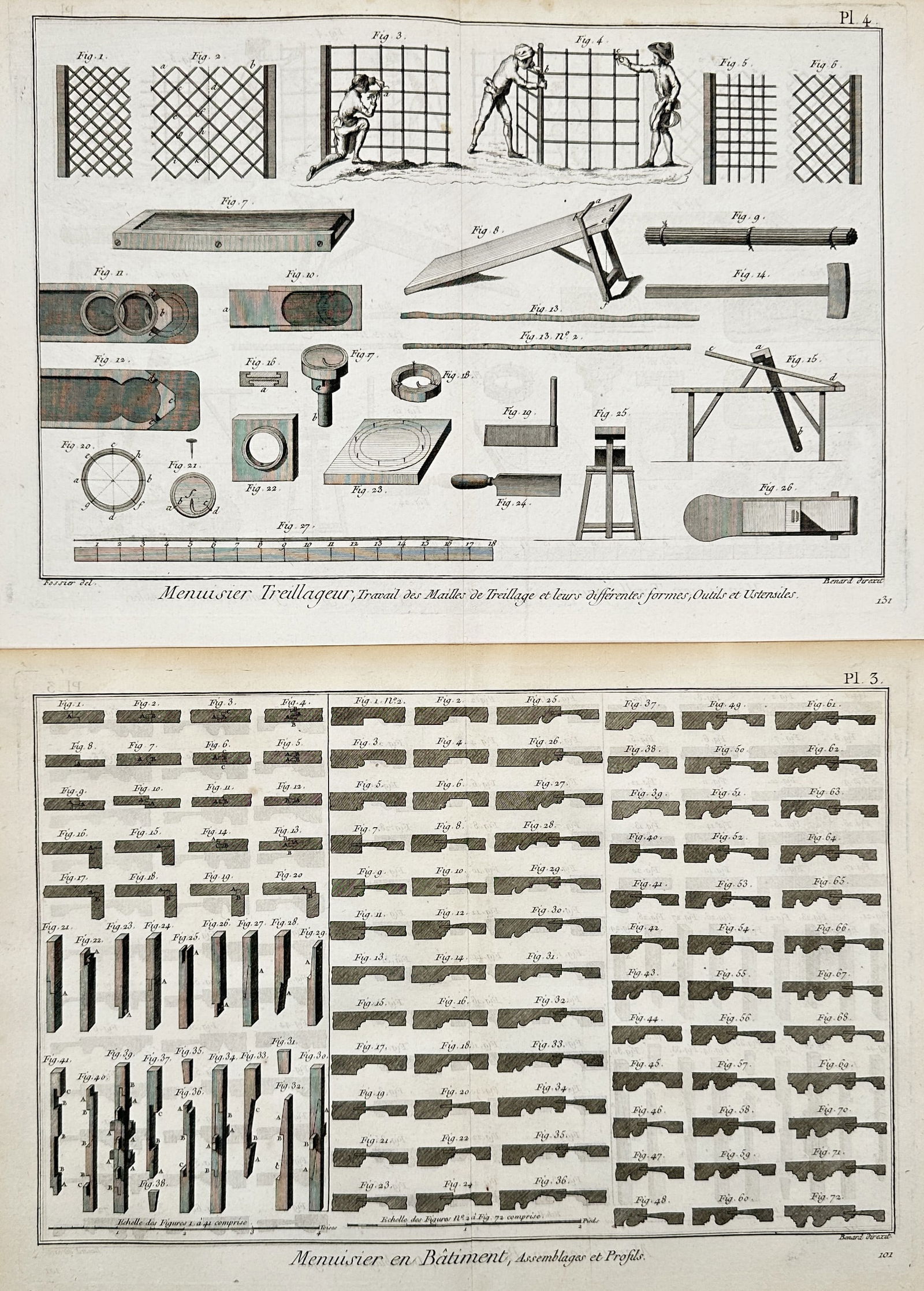 Robert Benard – Set of 2: Studies of Lattice Carpentry and Architectural Joinery: "Encyclopédie, ou Dictionnaire Raisonné des Sciences, des Arts et des Métiers" contains these two technical plates showcasing the specialized craftsmanship of 18th-century French carpentry. The fir