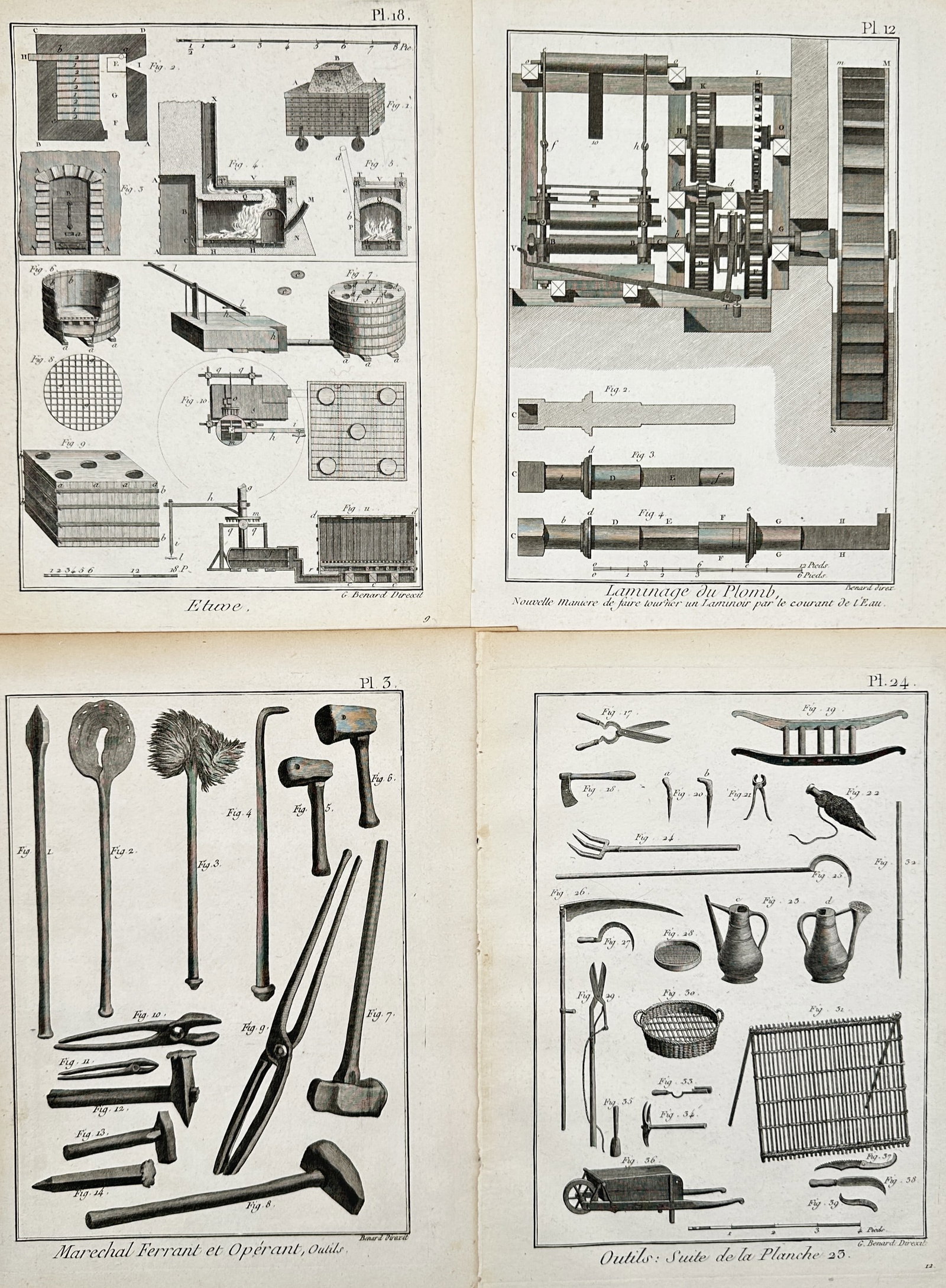 Robert Benard – Set of 4: Technical Studies of Industrial and Craft Tools – Hand-coloured: "Encyclopédie, ou Dictionnaire Raisonné des Sciences, des Arts et des Métiers" contains these four technical plates detailing the machinery and implements of eighteenth-century French industry. The