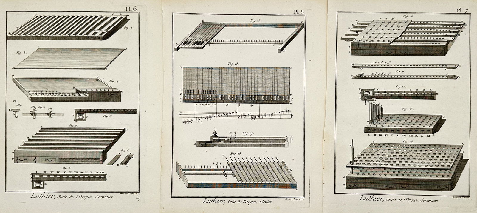 Robert Benard – Set of 3: Technical Studies of Pipe Organ Construction – Hand-coloured engraving (1 of 2)