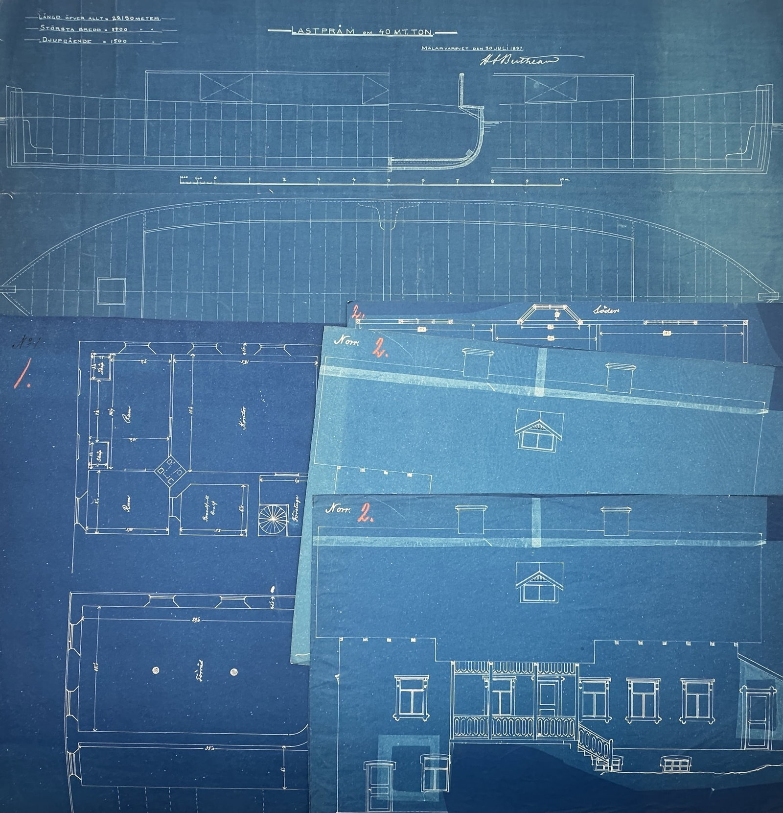 Gustaf Edvard Bäckman – Set of 5: Nautical and Architectural Blueprints from Mälarvarvet: "Lastpråm om 40 n.t. Ton" comprises five technical cyanotype drawings featuring the hull design and profile of a cargo barge, alongside corresponding architectural elevations and floor plans for a re