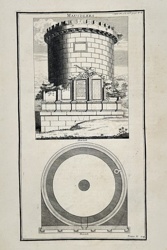 Bernard Montfaucon (1655–1741) – Architectural Study of a Circular Mausoleum – Engraving: "Mausolees" presents a detailed architectural analysis of a cylindrical classical funerary monument. The upper portion of the plate features a perspective view of the massive stone structure, which is