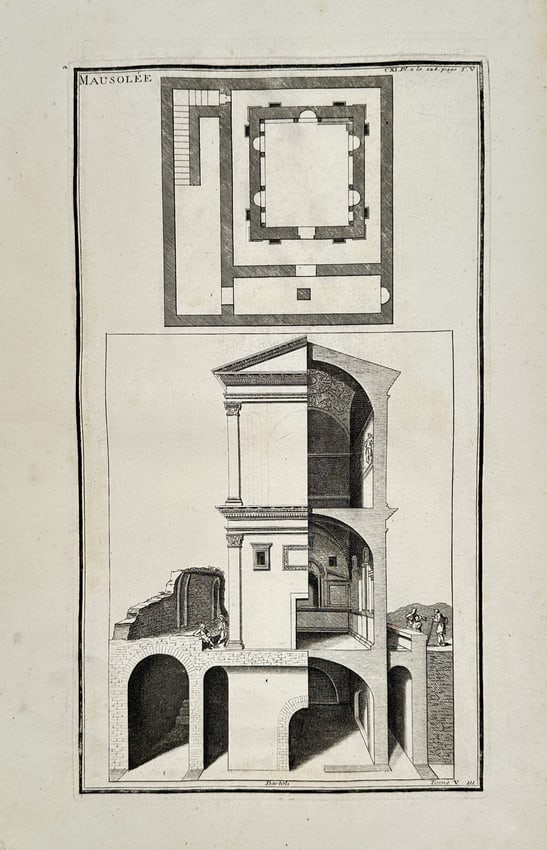 Bernard Montfaucon (1655–1741) – Architectural Study of a Classical Mausoleum – Engraving: "Mausolée" presents a detailed architectural analysis of a classical funerary monument. The upper portion of the plate features a geometric ground plan detailing the square interior chamber, surround