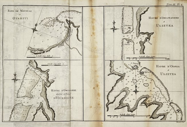 Captain James Cook (1728-1779) – Map of the Bays and Harbours of Tahiti and Ulietea – Engraving (1 of 2)