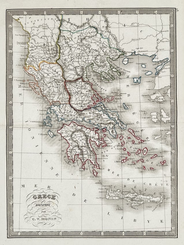Charles V. Monin (active 1830-1880) – Map of Ancient Greece – Hand-coloured engraving (1837): "Grèce Ancienne par C. V. Monin." This hand-coloured map provides a detailed cartographic representation of ancient Greece, the Peloponnese, and the numerous islands of the Aegean and Ionian Seas. Th