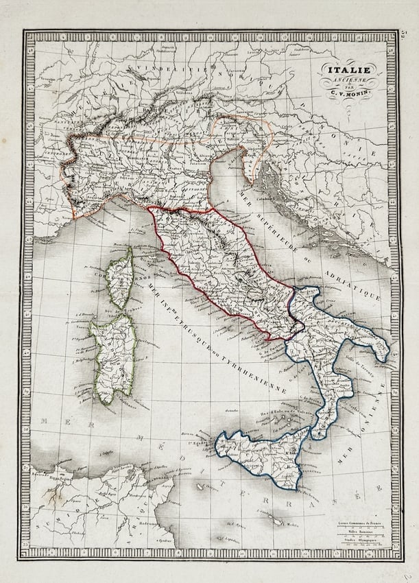 Charles V. Monin (active 1830-1880) – Map of Ancient Italy – Hand-coloured engraving (1837) (1 of 2)