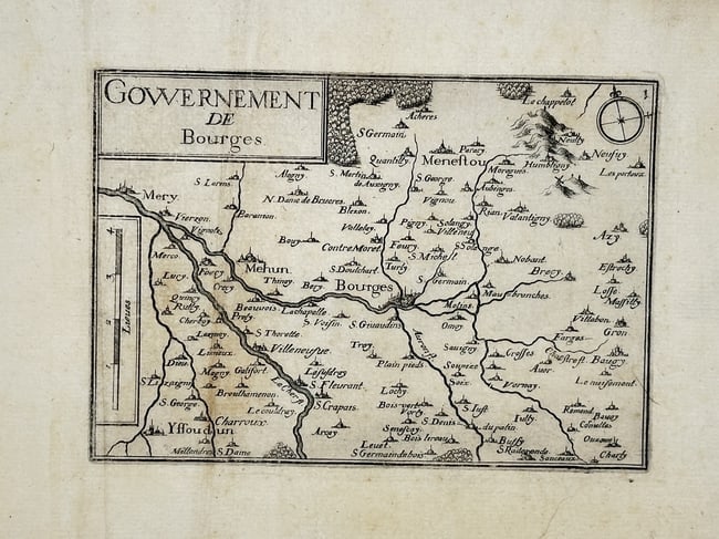 Christophe Nicolas Tassin (1600–1660) – Map of the Government of Bourges – France: "Gouvernement de Bourges." This engraving presents a regional map of the territory surrounding the city of Bourges in the Berry province of central France. The cartography depicts the confluence of th