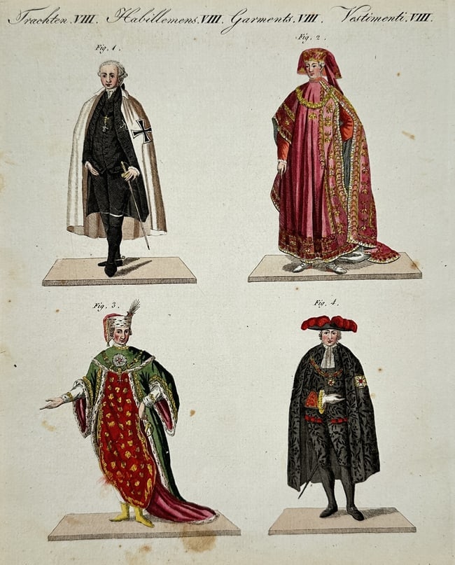 Friedrich Justin Bertuch (1747–1822) – Costume Study of European Nobility and Officials: "Trachten VIII" presents four distinct figures illustrating various European costumes and formal regalia from the late eighteenth century. The first figure depicts a nobleman in a dark coat and white 
